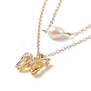 Glass Butterfly & Natural Pearl Pendants Double Layer Necklace with Clear Cubic Zirconia NJEW-TA00043-04-6