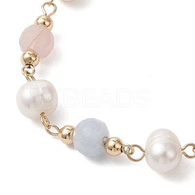 Round Natural Cultured Freshwater Pearl & Natural Lavender Amethyst & Aquamarine & Madagascar Rose Quartz Beaded Link Bracelets for Women BJEW-JB12807-1