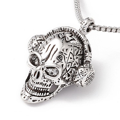 Alloy Skull with Headset Pendant Necklace with 201 Stainless Steel Box Chains NJEW-E016-04AS-1