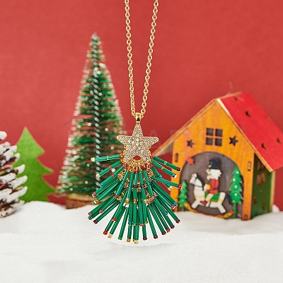 Brass Rhinestone with Glass Seed Beaded Green Christmas Tree Pendant Necklaces FS-WG6FBF4-01-1