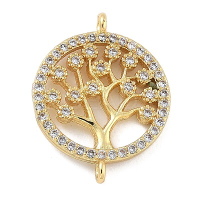 Rack Plating Brass Clear Cubic Zirconia Flat Round with Tree Connector Charms KK-A234-032G-1