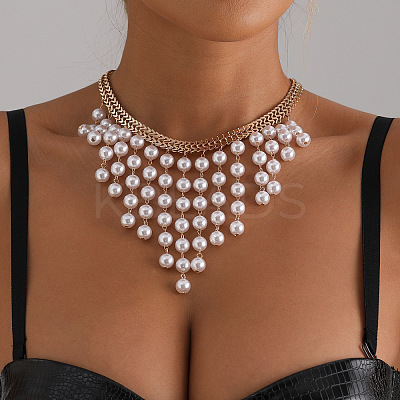 Alloy Imitation Pearl Round Tassel Bib Necklaces for Women WGDE514-01-1