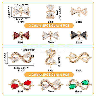 12Pcs 6 Color Brass Micro Pave Cubic Zirconia Links Connectors KK-GA0001-12-1