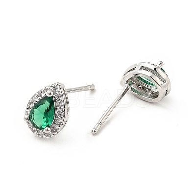 Green Cubic Zirconia Teardrop Stud Earrings EJEW-F288-20P-1