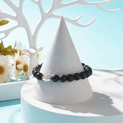 Natural Lava Rock Round Beaded Stretch Bracelet with Hamsa Hand BJEW-JB07693-1