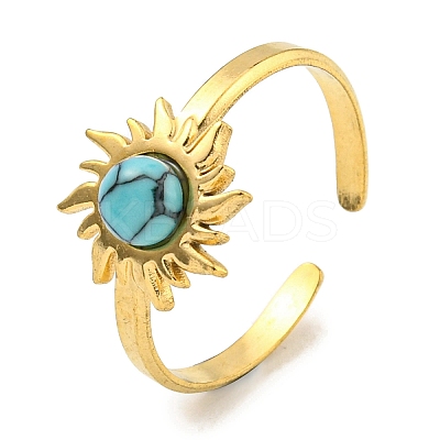 Ion Plating(IP) 304 Stainless Steel Synthetic Turquoise Cuff Rings G-Z056-01G-03-1