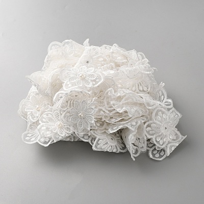 Organza Embroidery Flower Lace Triming with Imitation Pearl OCOR-WH0077-089A-1