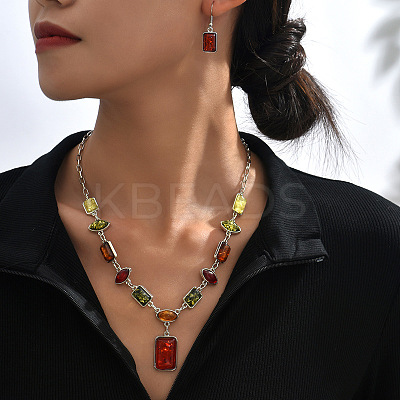 Rectangle Horse Eye Alloy & Resin Pendant Necklaces & Dangle Earrings Sets FS-WGE4E7B-01-1