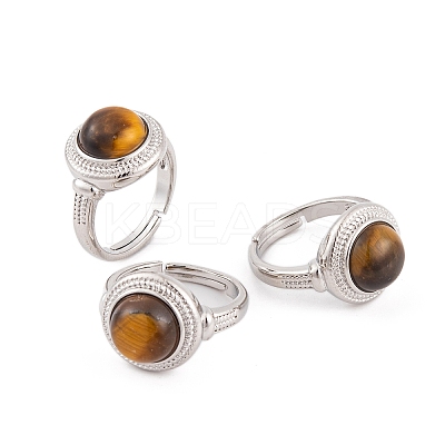 Natural Tiger Eye Round Adjustable Rings RJEW-K271-04P-12-1