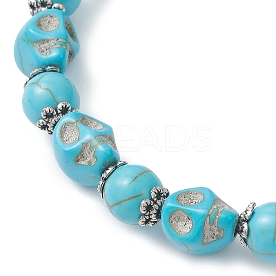 Halloween Dyed Synthetic Turquoise Skull & Round Beaded Stretch Bracelets for Men Women BJEW-JB12255-02-1
