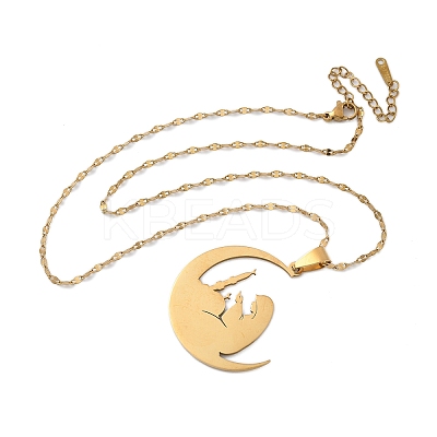 201 Stainless Steel Moon with Woman Pendant Necklaces for Ramadan & Eid Mubarak NJEW-D318-02G-1