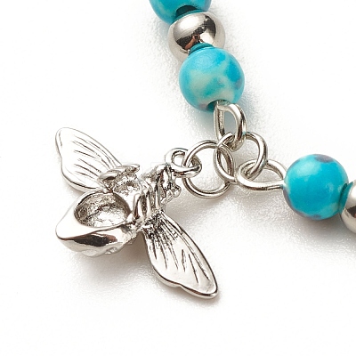 304 Stainless Steel Bees Charm Anklet with Round Natural White Jade Beads for Women AJEW-AN00498-02-1