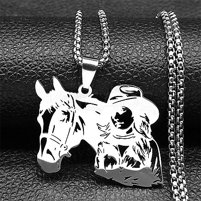 Horse & Cowboy 201 Stainless Steel Hollow Pendant Necklaces for Men Women LS-NJEW-K283-15P-1