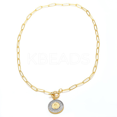 Duo Tone Religion Brass Micro Pave Clear Cubic Zirconia Flat Round Pendant Necklaces WGC6F64-03-1