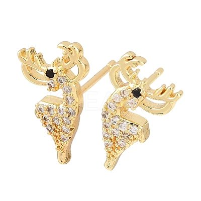 Brass Micro Pave Clear Cubic Zirconia Deer Stud Earrings EJEW-F400-27B-G-1