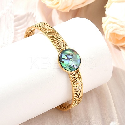 2Pcs 2 Colors Natural Abalone Shell Paua Shell 304 Stainless Steel Hollow Open Cuff Bangle Sets with Enamel BJEW-JB14486-02-1