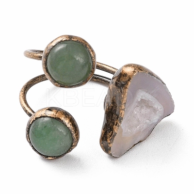 Nuggets Natural Druzy Agate & Green Aventurine Open Cuff Rings RJEW-A041-02R-1