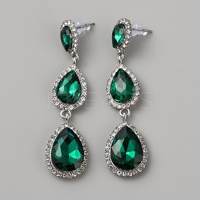 Glass Teardrop Dangle Stud Earrings with Rhinestone EJEW-WH0009-99B-1
