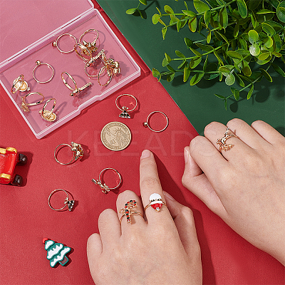 18Pcs 6 6 Style Santa Claus & Christmas Tree & Flower & Deer & Candy Cane Enamel Adjustable Rings Set RJEW-NB0001-03-1
