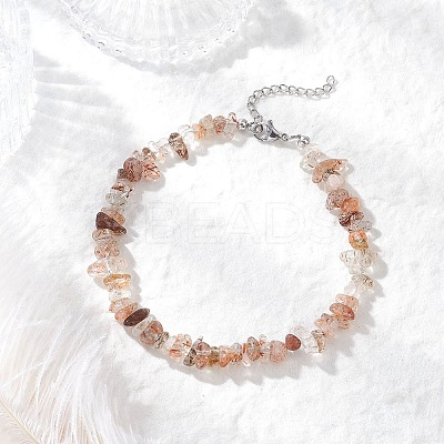 Natural Black Gold Rutilated Quartz Chip Beaded Anklets for Women AJEW-AN00695-1