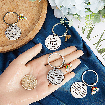4Pcs 4 Styles  Teacher's Day Stainless Steel Flat Round with Word Pendant Keychain KEYC-GF0001-11-1