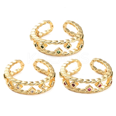 Rack Plating Brass Micro Pave Cubic Zirconia Open Cuff Rings for Women RJEW-U026-04G-01-1