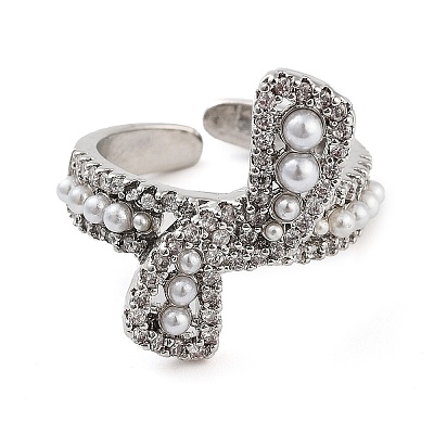 Rack Plating Brass Micro Pave Cubic Zirconia Bowknot Open Cuff Rings for Women RJEW-C080-04P-1