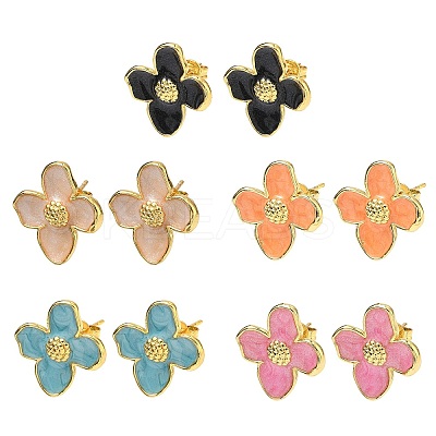 Flower Brass Enamel Stud Earrings EJEW-P341-03G-1