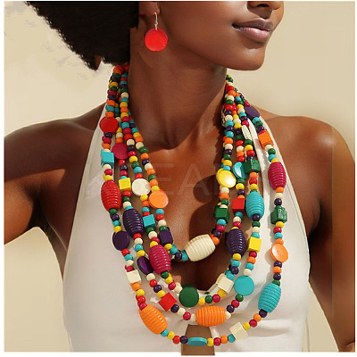 Bohemian Style Wood Barrel & Cube & Flat Round Beaded Multilayer Necklaces & Dangle Earrings Sets FS-WG5D833-01-1