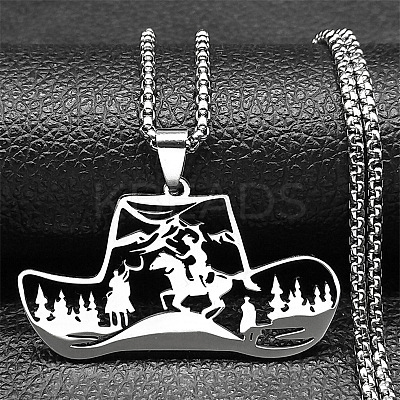 201 Stainless Steel Hollow Cowboy Hat Pendant Necklaces NJEW-H065-27P-1