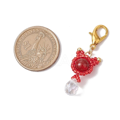 Natural Carnelian & Glass Seed Beaded Cat Pendant Decoration HJEW-MZ00157-07-1