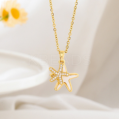 304 Stainless Steel Micro Pave Clear Cubic Zirconia Double Starfish Pendant Necklaces FS-WG2E0D3-01-1