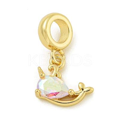 Rack Plating Brass Pave Clear AB Cubic Zirconia Whale European Dangle Charms KK-Z067-41G-1
