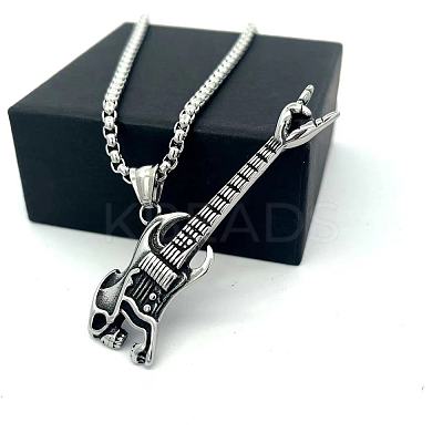 Punk Fashion 304 Stainless Steel Skull Guitar Pendant Necklaces for Unisex CY1349-1