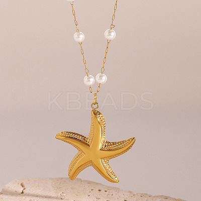 Summer Beach 304 Stainless Steel & Round Shell Pearl Starfish Pendant Necklaces for Women FS-WG08923-01-1