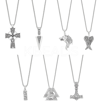 7Pcs 7 Style Arrow & Wolf & Cross & Axe & Wing Pendant Necklaces Set NJEW-AN0001-44-1