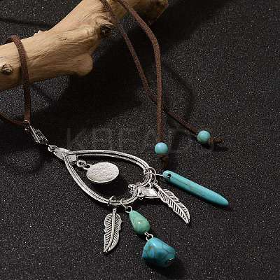 Bohemian Style Alloy Feather & Synthetic Turquoise Heart Long Pendant Necklaces for Women NJEW-G158-01A-1