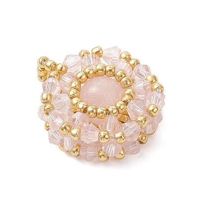 Natural Rose Quartz & Glass Seed Beaded Flat Round Pendants PALLOY-MZ00950-01-1