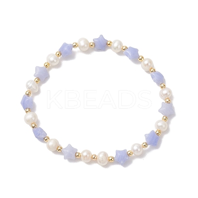 Synthetic Blue Lace Agate & Natural Cultured Freshwater Pearl & Brass Beads Stretch Bracelets for Women BJEW-JB12814-01-1