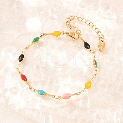304 Stainless Steel Enamel Teardrop Link Chain Bracelets for Women BJEW-D460-12G-1