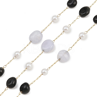 Natural Blue Lace Agate & Black Onyx(Dyed & Heated) Nuggets & 316 Stainless Steel Handmade Link Chains CHS-K021-14G-01-1