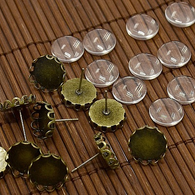 12x5~6mm Dome Transparent Glass Cabochons and Antique Bronze Brass Ear Stud Findings for DIY Stud Earrings DIY-X0180-AB-NF-1