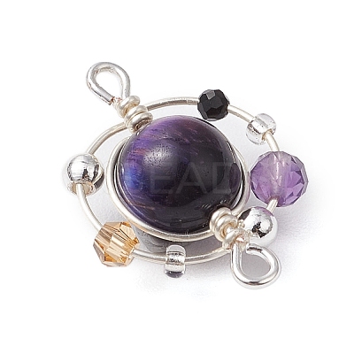 4Pcs 4 Colors Natural Tiger Eye(Dyed/Undyed) Copper Wire Wrapped Planet Connector Charms PALLOY-TA00181-1