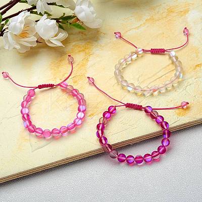 3Pcs Round Synthetic Moonstone Braided Bead Bracelets BJEW-SW00061-05-1