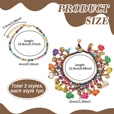 2Pcs 2 Styles Bohemian Gemstone Disc Heishi Beaded Anklets and Dyed Synthetic Turquoise Elephant Tassel Anklets for Women AJEW-PH0007-45B-1