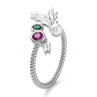 Rack Plating Brass Micro Pave Cubic Zirconia Open Cuff Ring with Plastic Pearl Beaded RJEW-Q777-15P-1