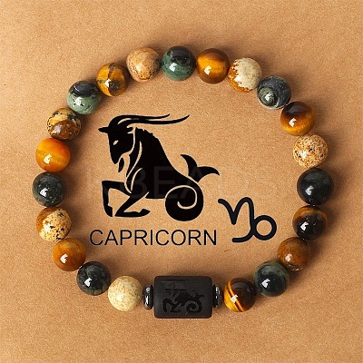 Twelve Constellations Natural Tiger Eye & Picture Jasper & Rhyolite Jasper Round & Column Beaded Stretch Bracelets for Women Men WG6FA5D-12-1