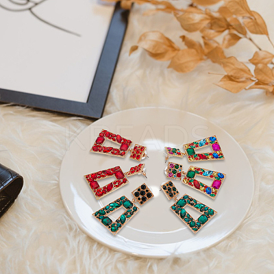 3 Pairs 3 Colors Rhinestone Rectangle with Trapezoid Dangle Stud Earrings EJEW-AN0001-03-1
