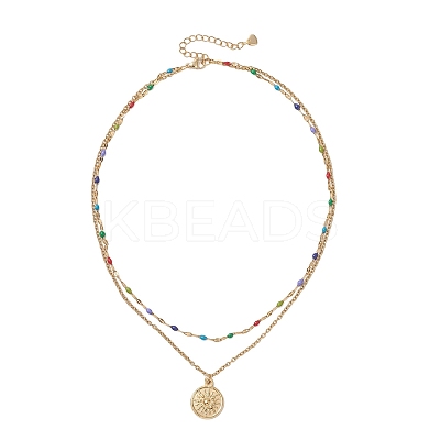 2Pcs 2 Styles 304 Stainless Steel Moon Sun Pendant Colorful Enamel Cable Chain Double Layer Necklaces for Women NJEW-JN05809-1