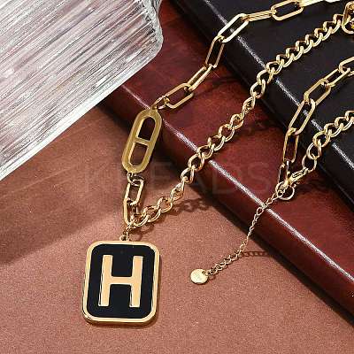 Ion Plating(IP) 304 Stainless Steel Black Enamel H Rectangle Pendant Twisted Chain Necklaces for Women NJEW-M078-01G-1